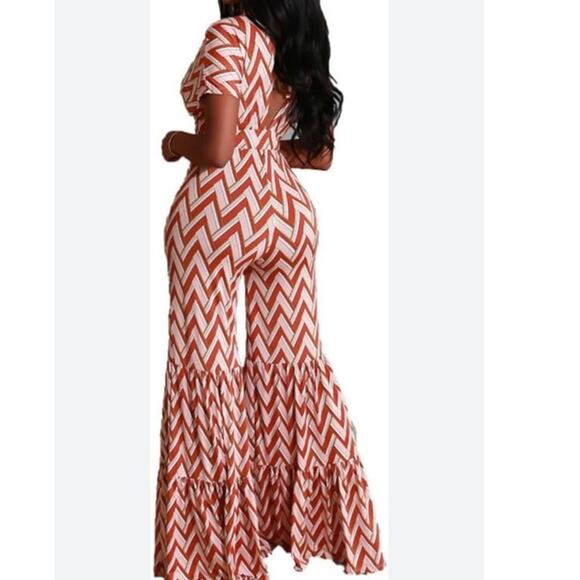 Orange and White Chevron Print 70’s Style Flare Leg Jumpsuit - Picture 5 of 10